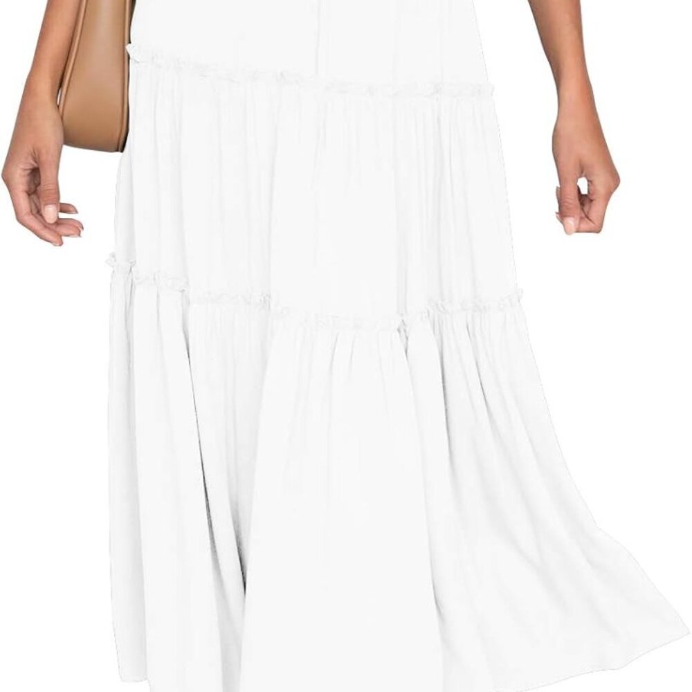 Womens Summer Flowy Boho Maxi Skirt Elastic High Waist A Line Pleated Tiered Tre